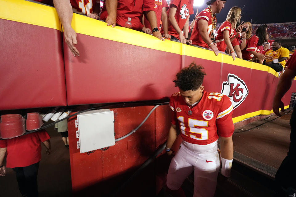 Kansas City Chiefs quarterback Patrick Mahomes heads to the locker room following an NFL football game against the Detroit Lions Thursday, Sept. 7, 2023, in Kansas City, Mo. The Lions won 21-20. (AP Photo/Charlie Riedel)