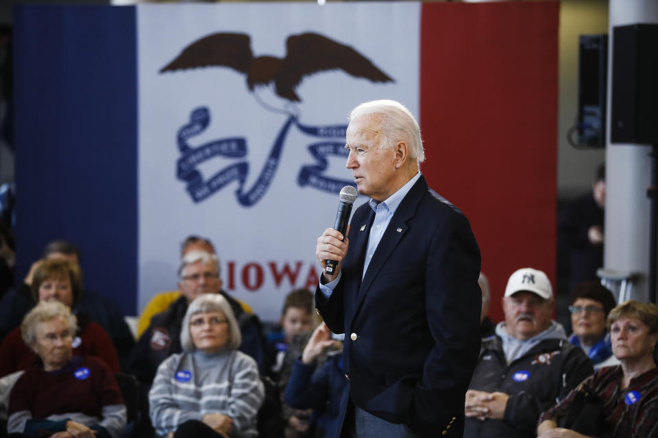 Democratic presidential candidate former Vice President Joe Biden speaks during a campaign event at the University of Northern Iowa, Monday, Jan. 27, 2020, in Cedar Falls, Iowa. (AP Photo/Matt Rourke)