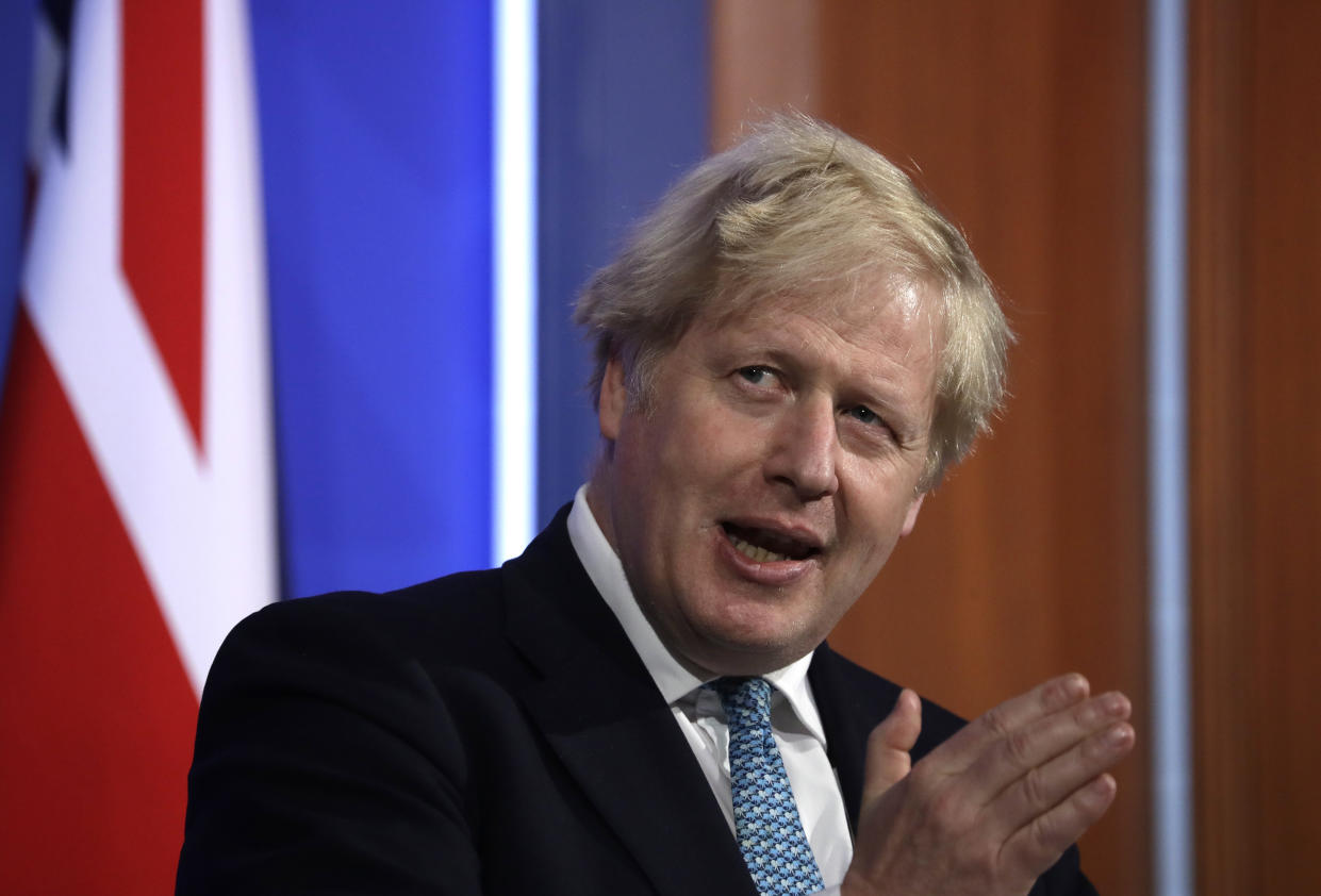 Prime Minister Boris Johnson during a media briefing in Downing Street, London, on coronavirus (Covid-19). Picture date: Friday May 14, 2021.