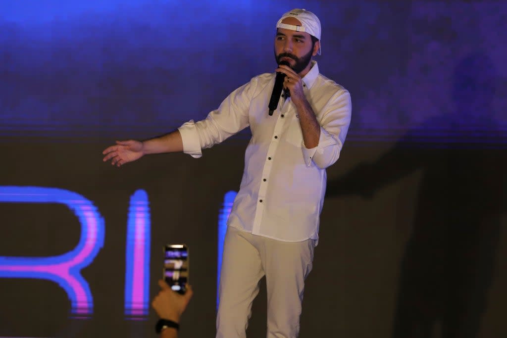 El Salvador President Nayib Bukele speaking at a cryptocurrency conference on 20 November, 2021  (AP)