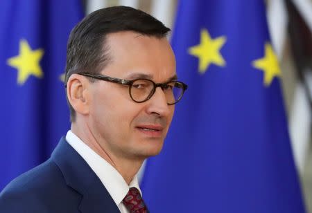 Poland's Prime Minister Mateusz Morawiecki arrives at an extraordinary European Union leaders summit to discuss Brexit, in Brussels, Belgium April 10, 2019. REUTERS/Yves Herman/Files