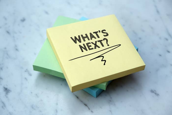 Stack of sticky notes with "WHAT'S NEXT?" written on the top one, symbolizing anticipation or planning