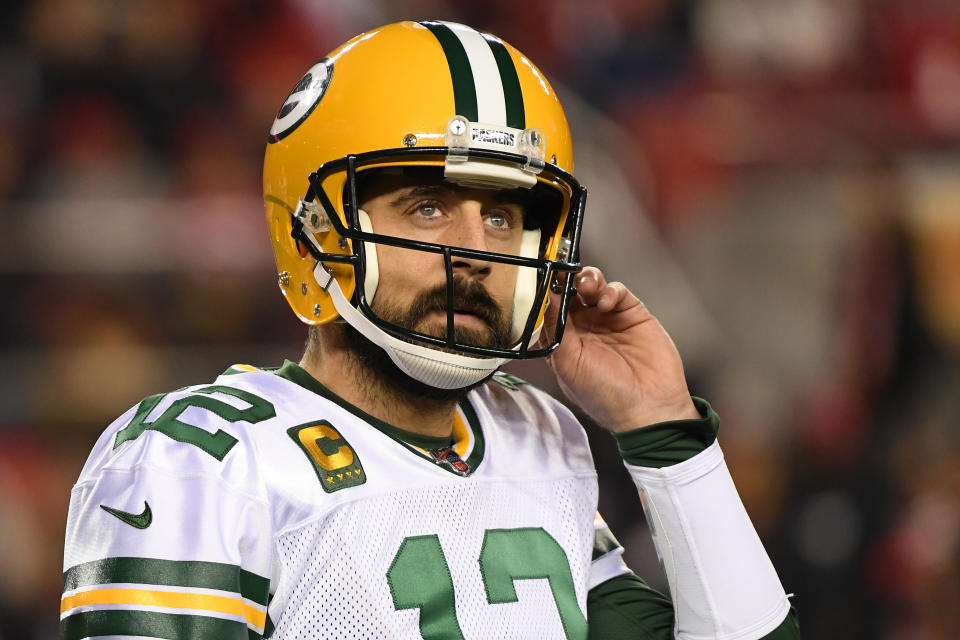 SANTA CLARA, CALIFORNIA - JANUARY 19: Aaron Rodgers #12 of the Green Bay Packers reacts after a play against the San Francisco 49ers during the NFC Championship game at Levi's Stadium on January 19, 2020 in Santa Clara, California. (Photo by Harry How/Getty Images)