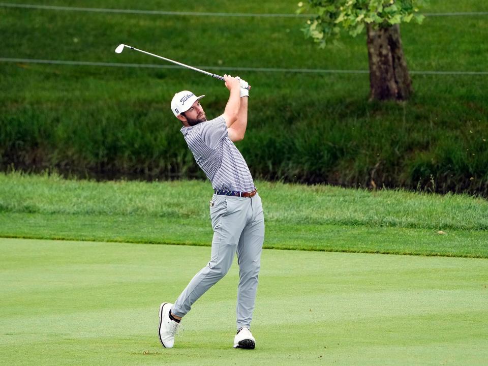 Jun 2, 2022; Dublin, Ohio, USA; Cameron Young watches his second shot on the 18th hole during Round 1 of the Memorial Tournament at Muirfield Village Golf Club in Dublin, Ohio on June 2, 2022. 