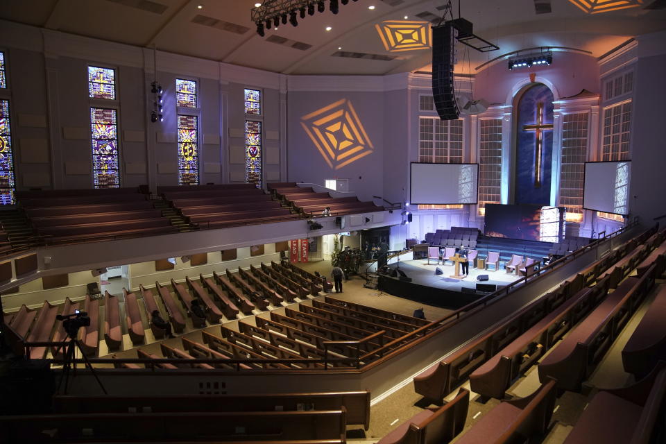 The sanctuary at Mississippi Boulevard Christian Church is seen before the start the funeral service for Tyre Nichols in Memphis, Tenn., on Wednesday, Feb. 1, 2023. Nichols died following a brutal beating by Memphis police after a traffic stop. (Andrew Nelles/The Tennessean via AP, Pool)