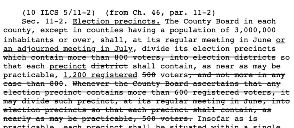 The Illinois Election Code now states that a voting precinct should include about 1,200 registered voters. The state law used to call for between 500 and 800 voters per precinct.