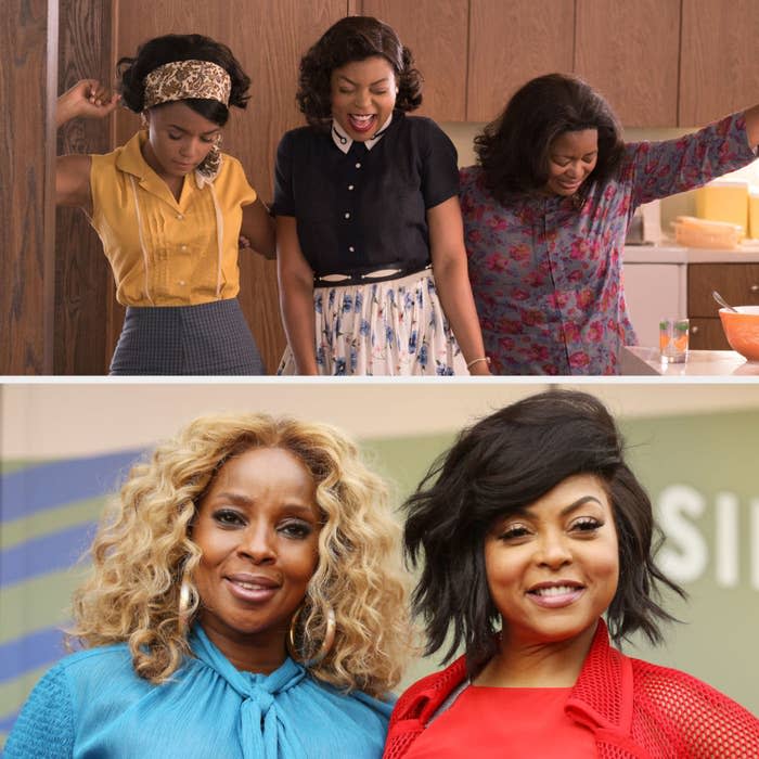 Above, Katherine dances in the kitchen with Dorothy and Mary. Below, Henson and Blige pose at Henson's Hollywood Star ceremony