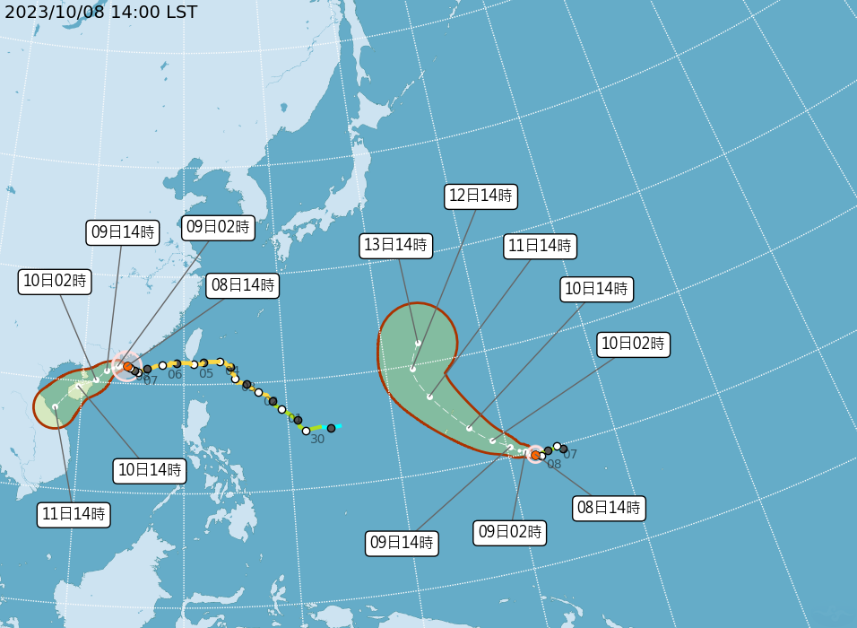 小犬颱風、布拉萬颱風路徑。（圖／翻攝自中央氣象署）