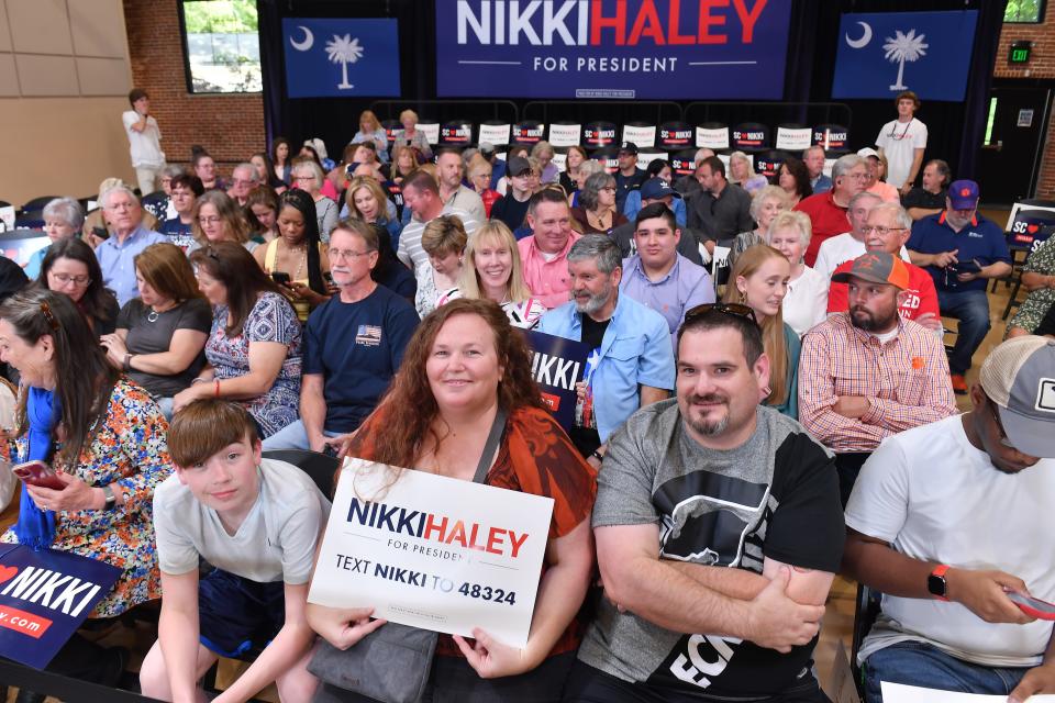 Republican presidential candidate Nikki Haley held a 'RALLY WITH NIKKI HALEY' campaign event at the Cannon Centre in Greer on May 4, 2023. The public waits for Haley to arrive.