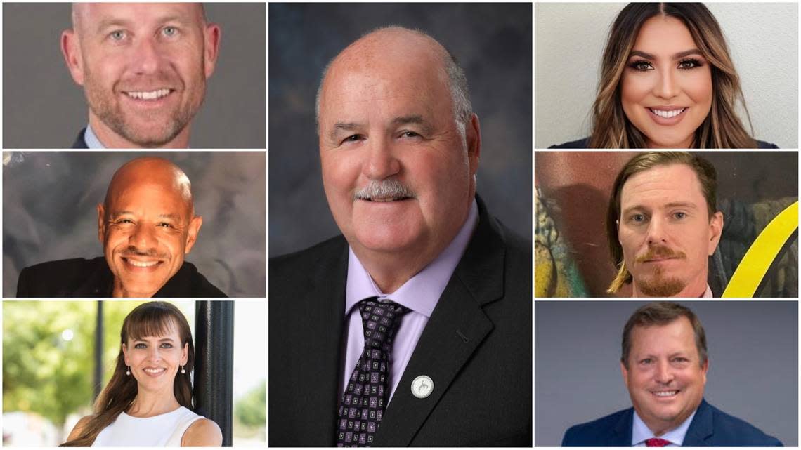 Seven of 10 candidates running for three Clovis City Council seats. Clockwise from center: Incumbent Drew Bessinger, Des Haus, Guy Redner, Matt Basgall, Diane Pearce, Joe Hebert, and Josh Phanco. Photos provided to The Bee by the candidates.