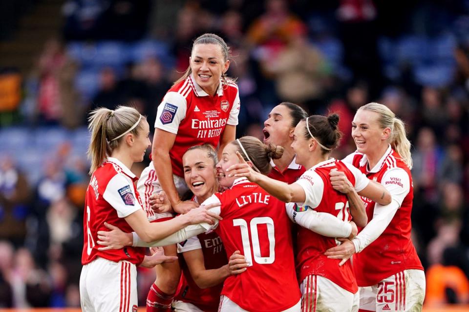 Arsenal players celebrate their third goal against Chelsea (Zac Goodwin/PA). (PA Wire)