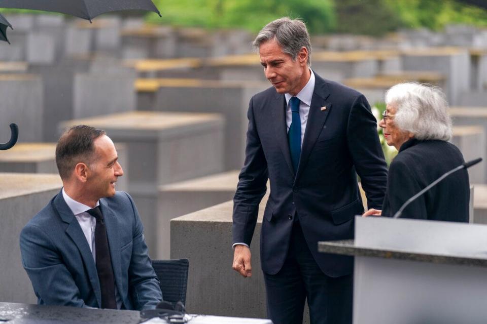 Holocaust Survivor Margot Friedlander, right, is greeted by U.S. Secretary of State Antony Blinken, center, and German Minister of Foreign Affairs Heiko Maas, left, after speaking at a ceremony for the launch of a U.S.-Germany Dialogue on Holocaust Issues at the Memorial to the Murdered Jews of Europe in Berlin on June 24, 2021. Blinken is on a weeklong trip in Europe, traveling to Germany, France and Italy.