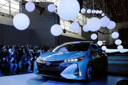 The Toyota Prius Prime is seen during the media preview of the 2016 New York International Auto Show in Manhattan, New York, U.S. March 23, 2016. REUTERS/Brendan McDermid/File photo