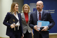 From left, European Parliament President Roberta Metsola, Estonia's Prime Minister Kaja Kallas and European Council President Charles Michel arrive to a round table meeting at an EU summit in Brussels, Thursday, Feb. 1, 2024. European Union leaders meet in Brussels for a one day summit to discuss the revision of the Multiannual Financial Framework 2021-2027, including support for Ukraine. (AP Photo/Geert Vanden Wijngaert)