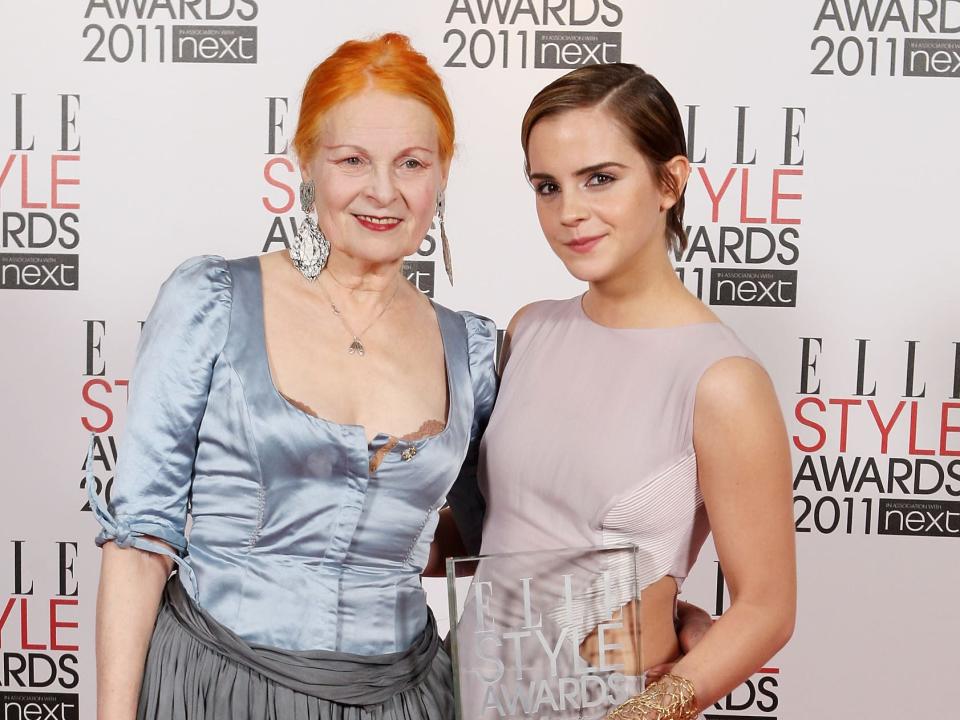 Emma Watson, winner of the Style Icon award, poses with designer Vivienne Westwood