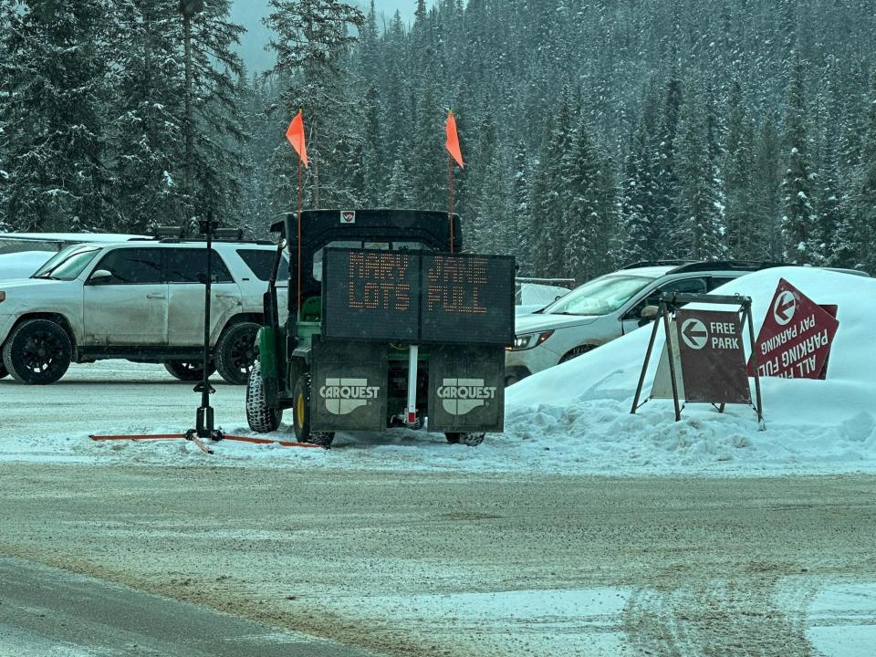 A full parking lot at the Winter Park Resort in Colorado.