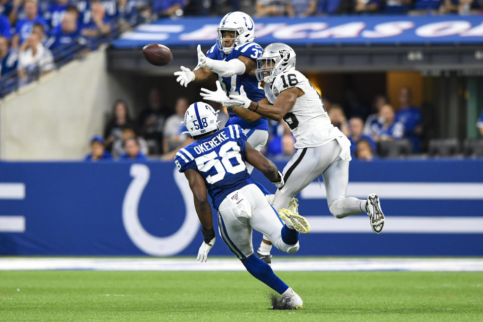 Indianapolis Colts safety Khari Willis (37) breaks up a pass intended for Oakland Raiders wide receiver Tyrell Williams (16) during the first half of an NFL football game in Indianapolis, Sunday, Sept. 29, 2019. (AP Photo/Doug McSchooler)