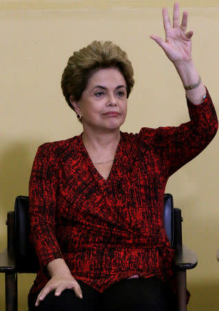 Brazil's President Dilma Rousseff gestures as she attends a signing ceremony for new universities, at Planalto Palace in Brasilia, Brazil, May 9, 2016. REUTERS/Ueslei Marcelino