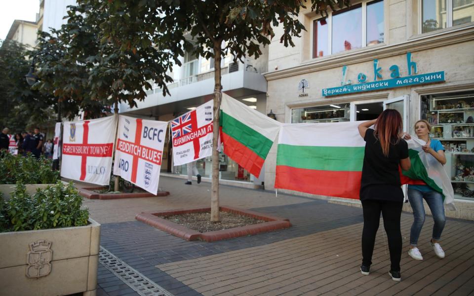 Bulgaria fans display flags next to England flags before the match  - Action Images via Reuters