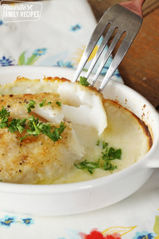 <p>Fav Family Recipes</p><p>This baked cod is hands-down my favorite fish dish. It turns out perfectly flaky every time. The flavorful, creamy sauce puts it over the top!</p><p><strong>Get the recipe: <a href="https://www.favfamilyrecipes.com/baked-cod-in-cream-sauce/" rel="nofollow noopener" target="_blank" data-ylk="slk:Baked Cod in Cream Sauce;elm:context_link;itc:0;sec:content-canvas" class="link rapid-noclick-resp"><em>Baked Cod in Cream Sauce</em></a></strong></p>