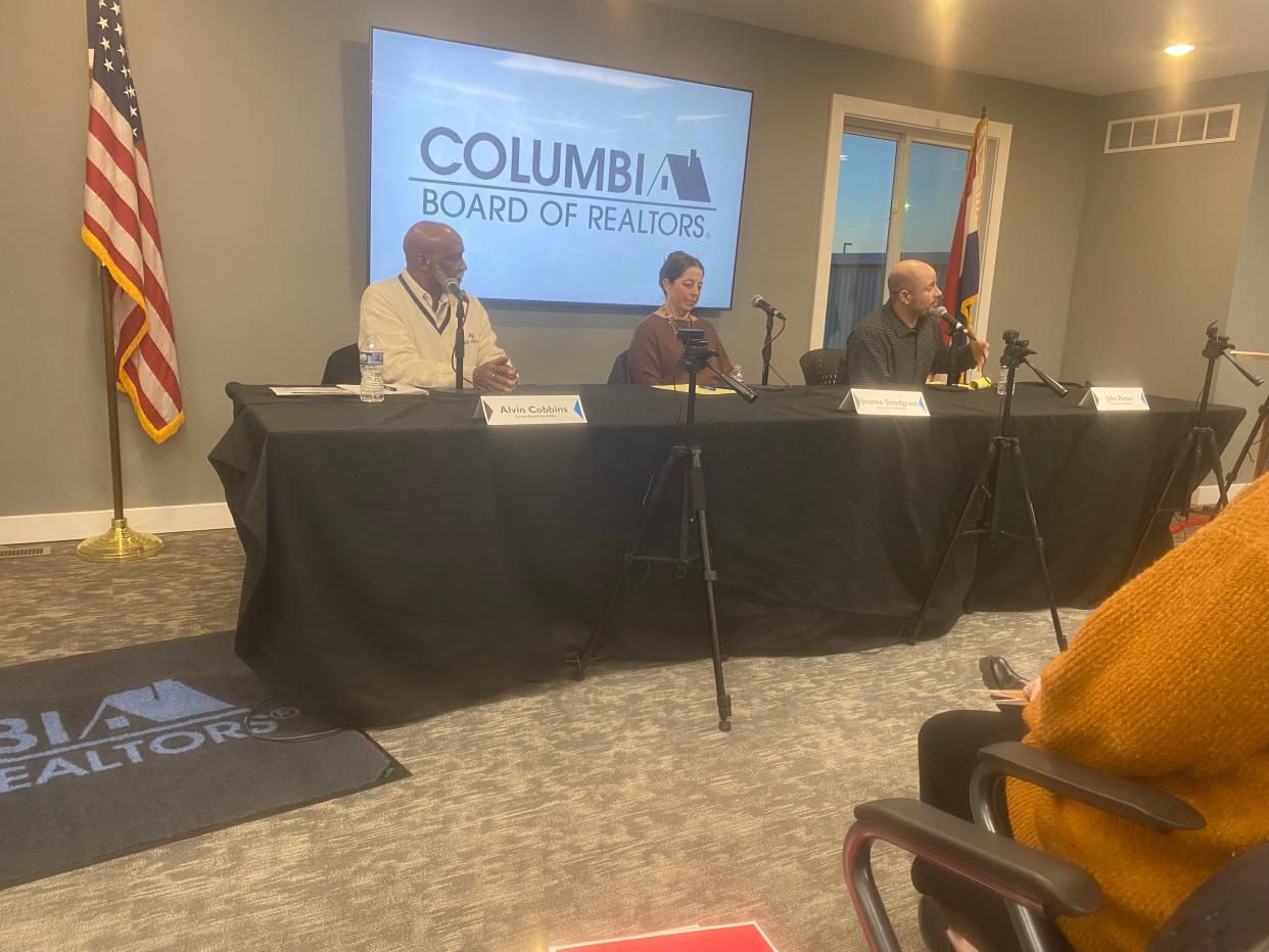 From left, Columbia Board of Education candidates Alvin Cobbins, Jeanne Snodgrass and John Potter at Wednesday's Mark Farnen Columbia Board of Realtors Candidate Forum.