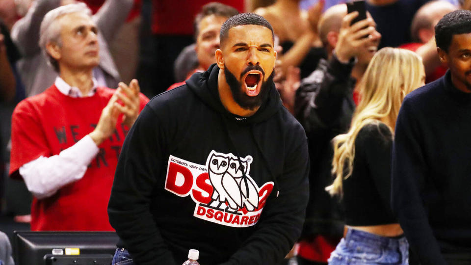 Rapper Drake reacts during game four of the NBA Eastern Conference Finals between the Milwaukee Bucks and the Toronto Raptors at Scotiabank Arena on May 21, 2019 in Toronto, Canada. (Photo by Gregory Shamus/Getty Images)