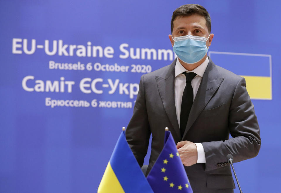 Ukrainian President Volodymyr Zelenskiy arrives at an EU-Ukraine summit at the European Council in Brussels, Tuesday, Oct. 6, 2020. (Stephanie Lecocq/Pool Photo via AP)