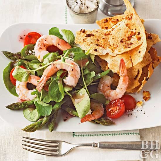 Watercress has a peppery bite that provides contrast to mild-mannered asparagus in this simple main-dish salad.