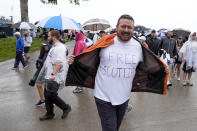 A fans wears a shirt in support of Scottie Scheffler during the second round of the PGA Championship golf tournament at the Valhalla Golf Club, Friday, May 17, 2024, in Louisville, Ky. (AP Photo/Matt York)