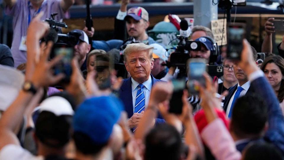 Republican presidential candidate and former U.S. President Donald Trump holds a campaign stop at Sanaa convenient store, in the Harlem section of New York City, U.S., April 16, 2024.