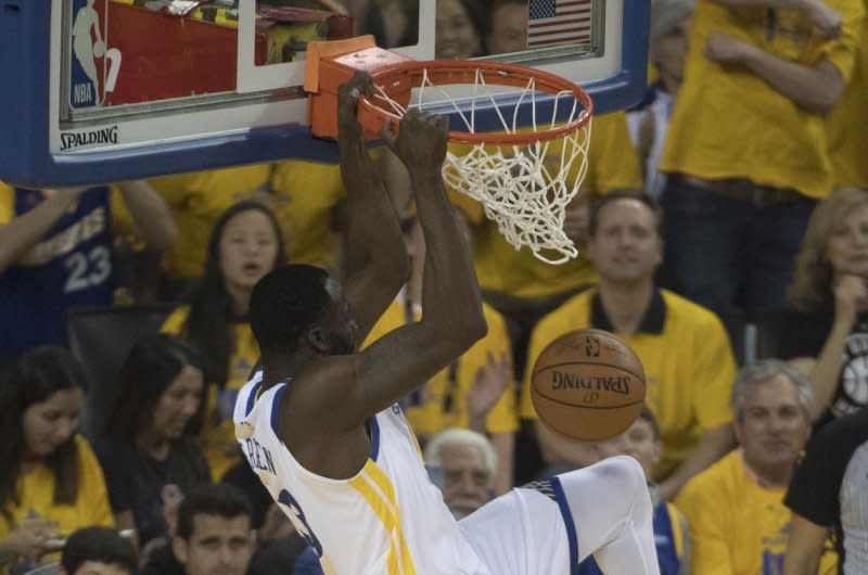 Golden State Warriors star Draymond Green (pictured) praised fellow forward Jonathan Kuminga for stepping up during his hiatus. File Photo by Terry Schmitt/UPI