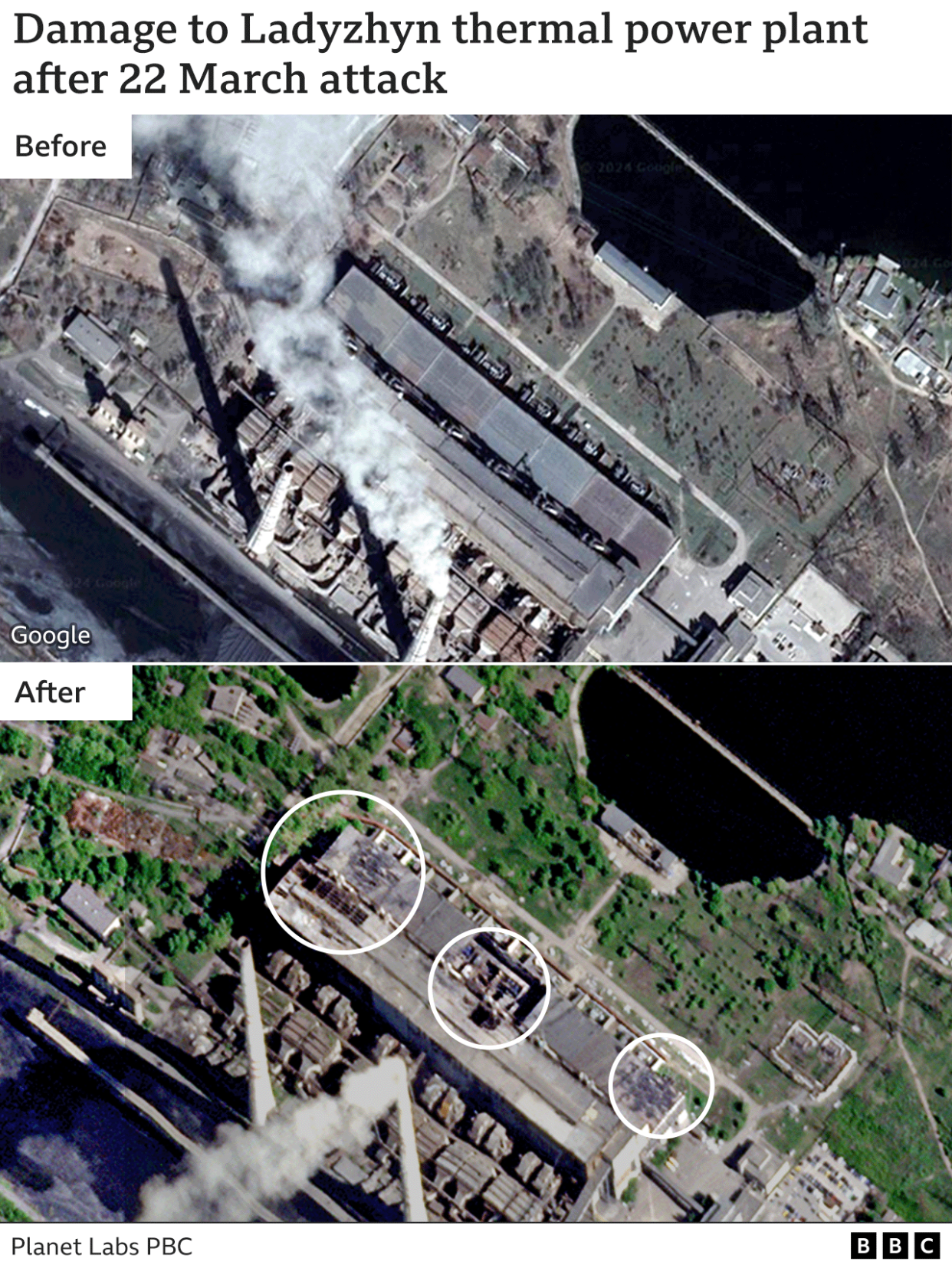 Graphic showing before and after images to Ladyzhyn thermal power plant following Russian air strikes. In the second image from April, three areas of major damage are highlighted.