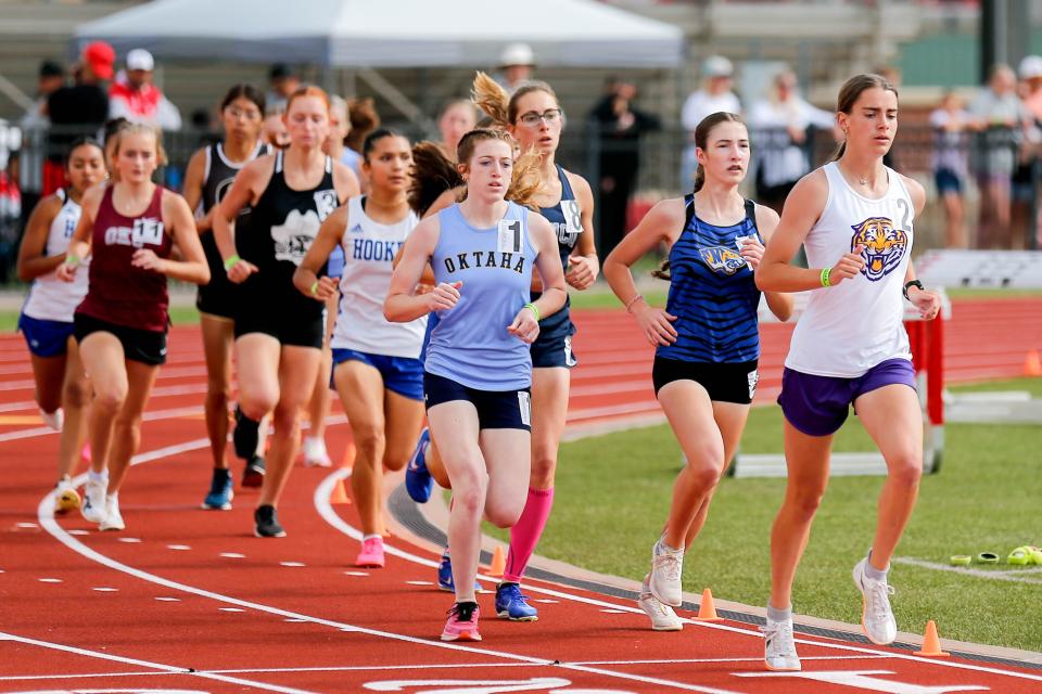 Runners compete in the 3200 meter during the state track and field tournament at Western Heights in Oklahoma City, on Friday, May 3, 2024.