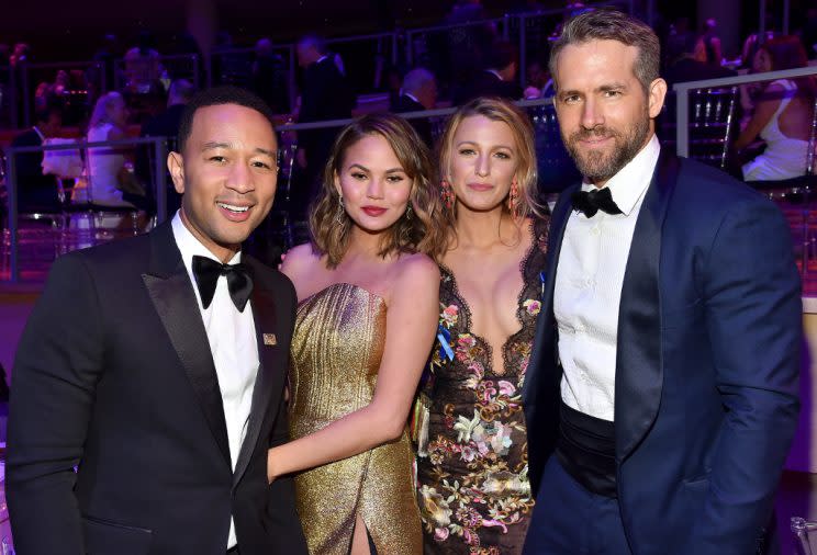 John Legend, Chrissy Teigen, Blake Lively, and Ryan Reynolds posed at the Time 100 Gala. (Photo: Patrick McMullan/Getty Images)