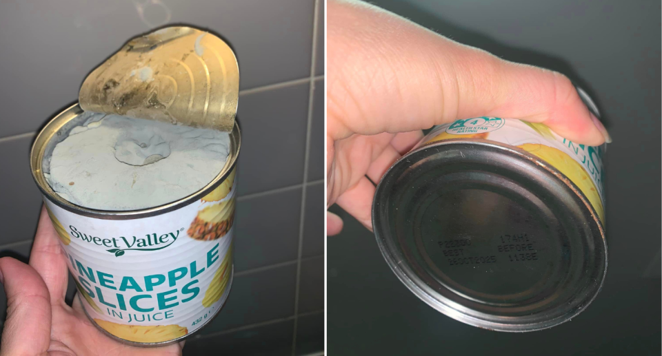The pineapples covered in mould (left) and the expiry date on the bottom of the can (right)..