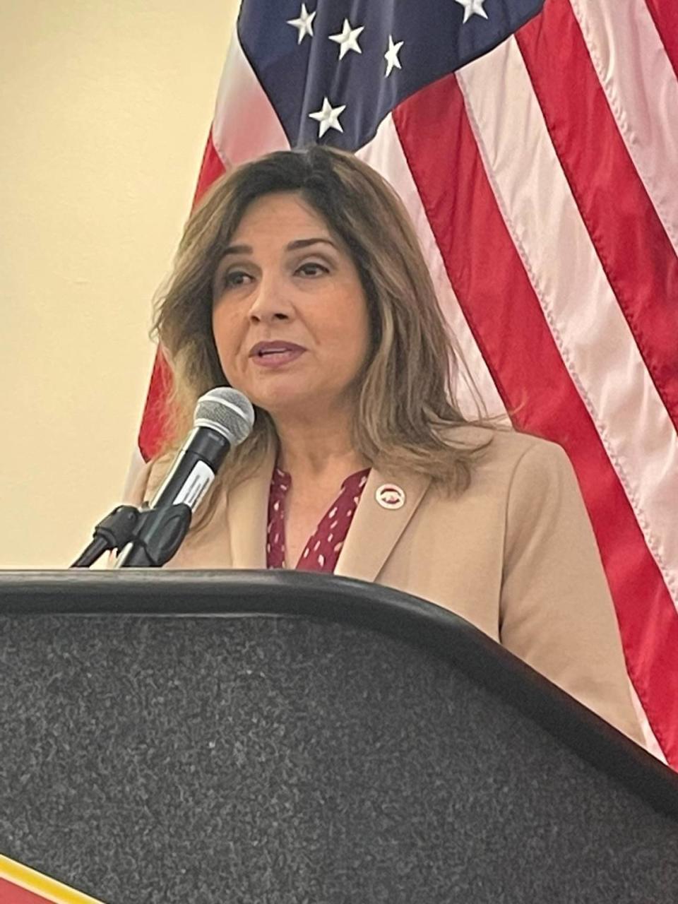 California Sen. Marie-Alvarado-Gil, D-Jackson, addresses a town hall meeting on sexual assault awareness at Stanislaus State University in Turlock, Calif. on Friday, April 14, 2023.