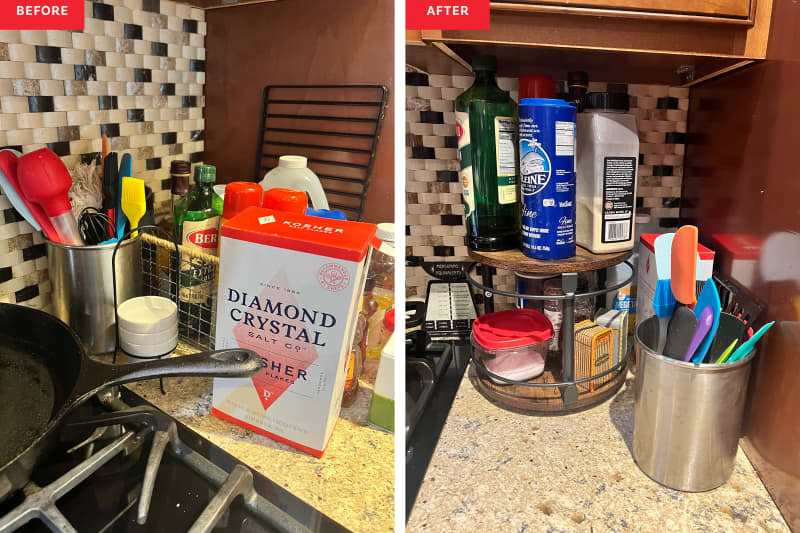 Diptych of disorganized and organized kitchen utensils.