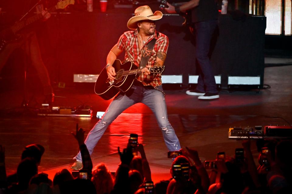 Jason Aldean performs during the launch of his three-night "Ride All Night" engagement at Park MGM on Dec. 6 in Las Vegas.