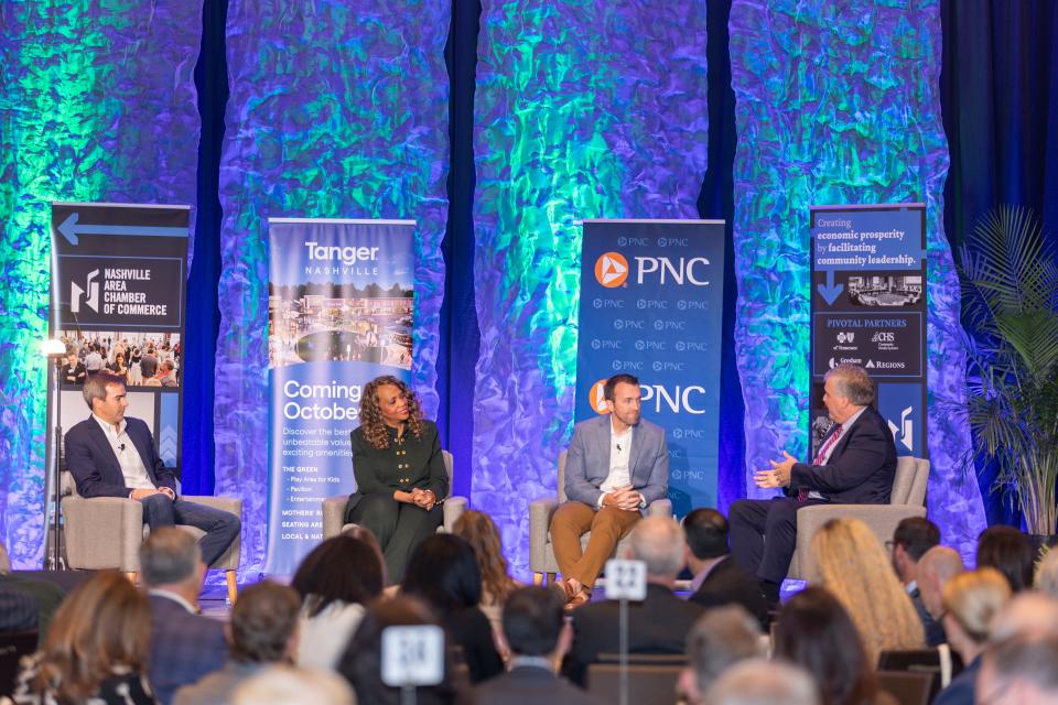 At Tennessee State University, Robbie K. Melton hopes Blue the robot dog will get students excited about technology careers. In photo, Melton discusses artificial intelligence on a Nashville Area Chamber of Commerce panel on Tuesday, October 24, 2023.