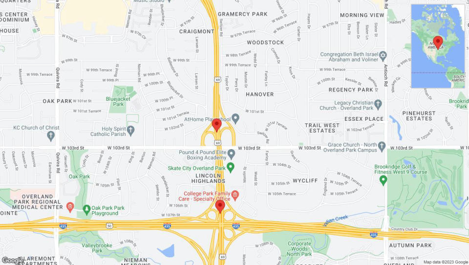 A detailed map that shows the affected road due to 'Lane on US-69 closed in Overland Park' on September 23rd at 4:13 p.m.