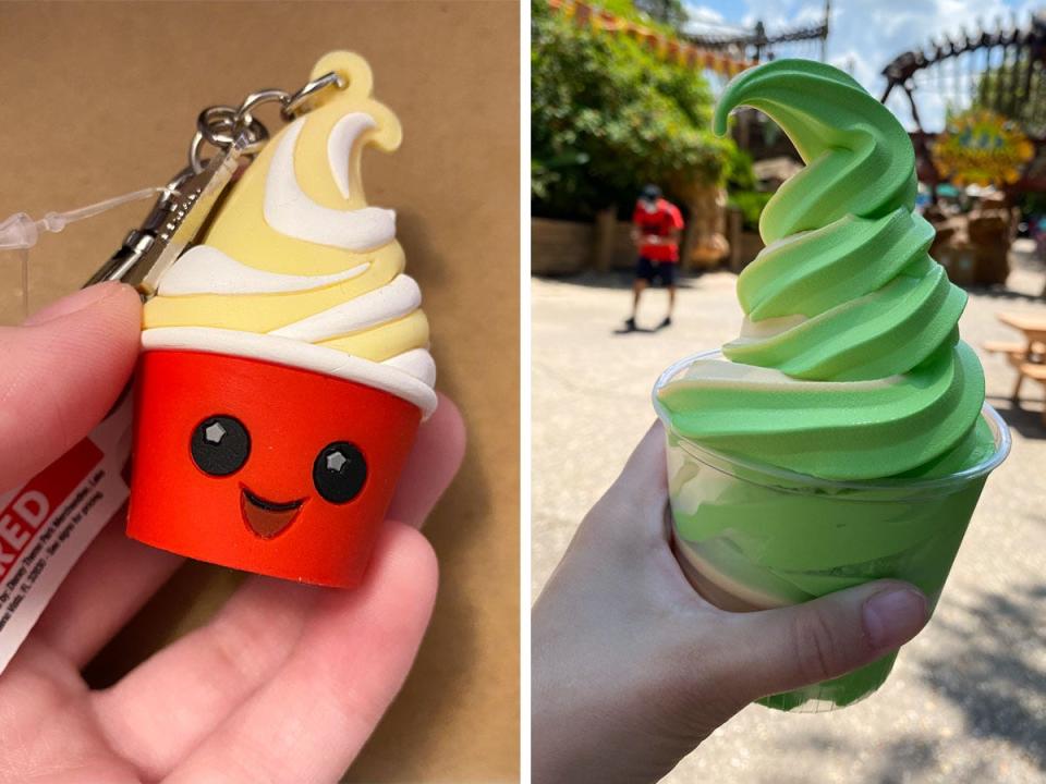 A Dole Whip keychain, and a Dole Whip dessert.