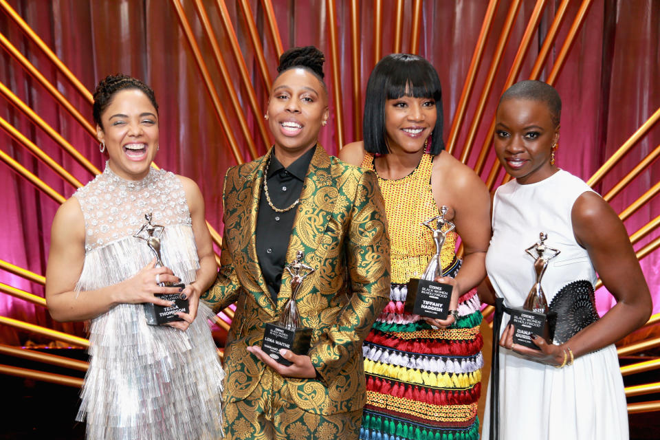 Honorees Tessa Thompson, Lena Waithe, Tiffany Haddish and Danai Gurira onstage during the 2018 Essence Black Women In Hollywood Oscars Luncheon on March 1, 2018.