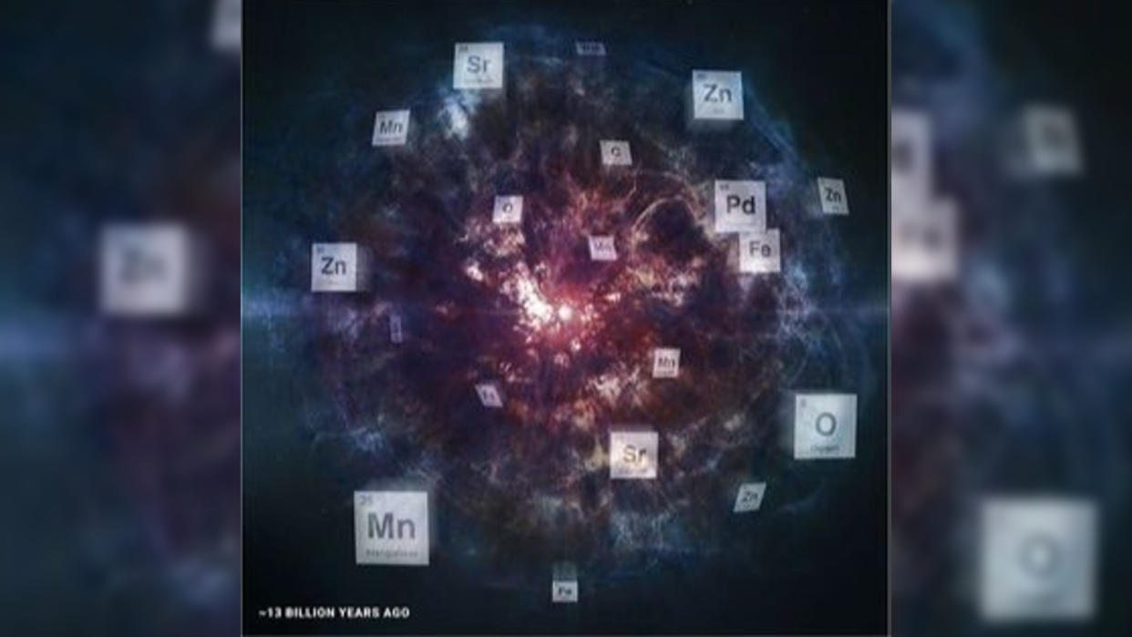  An artist's interpretation of a supernova with element symbols. 