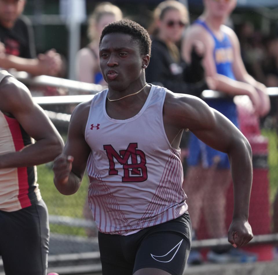 Boonton, NJ - May 16, 2023 —  Spencer Anderson of Morristown Beard in the 100 meters at the Morris County Track and Field Championships.