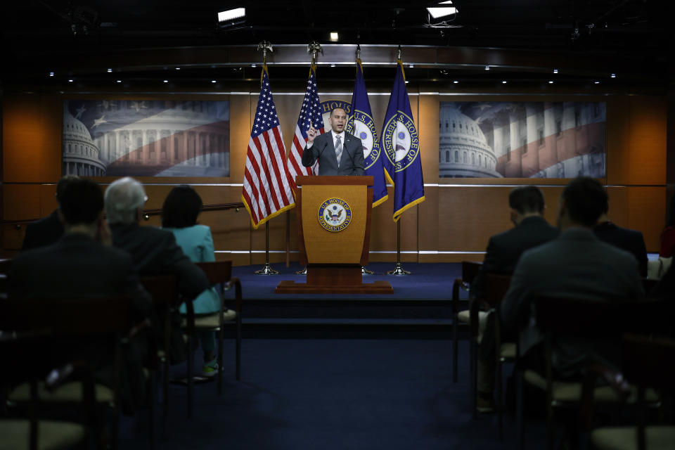 WASHINGTON, DC - MARCH 13: House Minority Leader Hakeem Jeffries (D-NY) talks to reporters during his weekly news conference in the House Visitors Center in the U.S. Capitol on March 13, 2024 in Washington, DC. Jeffries said that he did not support of ban of TikTok but did vote for legislation that would force the popular video app to divest from its parent company, the Chinese-owned ByteDance, within six months or be banned in the United States. (Photo by Chip Somodevilla/Getty Images)