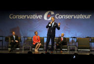 Conservative Party Leadership candidate Maxime Bernier, addresses crowd at the Conservative Party of Canada's final televised debate in Toronto, Ontario, April 26, 2017. REUTERS/Fred Thornhill