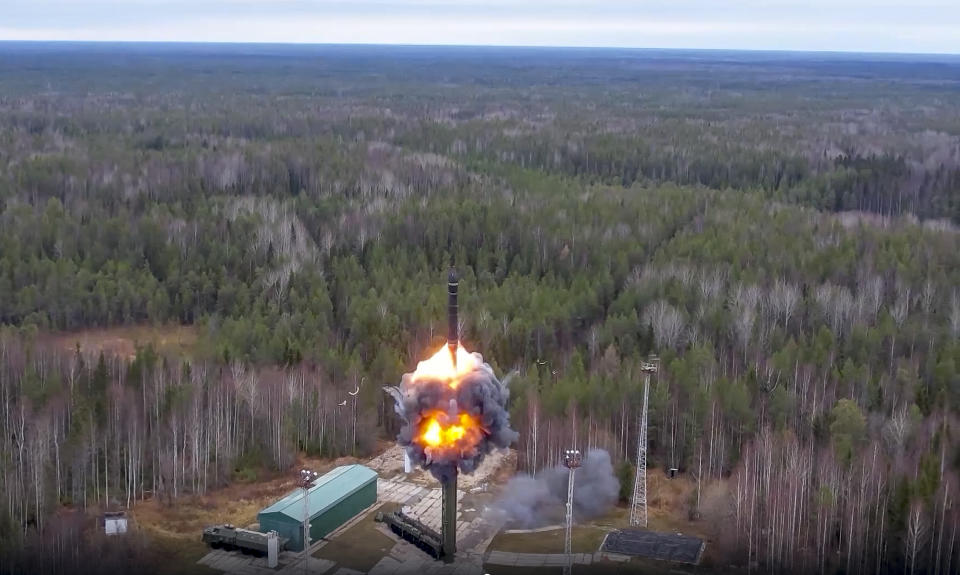 FILE - In this photo taken from video released by Russian Defense Ministry Press Service on Wednesday, Oct. 26, 2022, a Yars intercontinental ballistic missile is test-fired as part of Russia's nuclear drills from a launch site in Plesetsk, northwestern Russia. War has been a catastrophe for Ukraine and a crisis for the globe. One year on, thousands of civilians are dead, and countless buildings have been destroyed. Hundreds of thousands of troops have been killed or wounded on each side. (Russian Defense Ministry Press Service via AP, File)