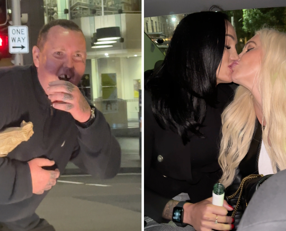 MAFS' Hayley Vernon kissing Tori Cummings in the car as a man looks on.