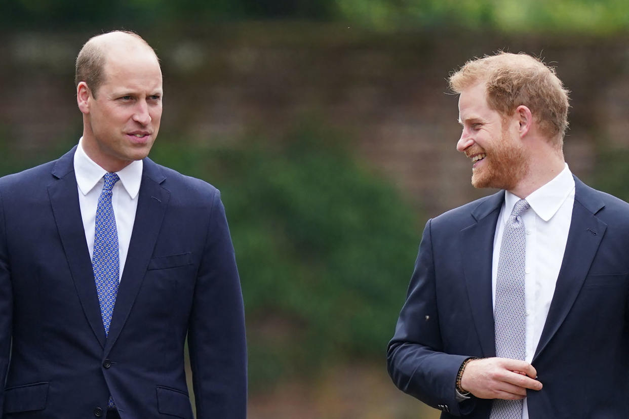 Britain's Prince William, Duke of Cambridge, (L) and Britain's Prince Harry, Duke of Sussex, arrive for the unveiling of a statue of their mother, Princess Diana at The Sunken Garden in Kensington Palace, London on July 1, 2021, which would have been her 60th birthday. - Princes William and Harry set aside their differences on Thursday to unveil a new statue of their mother, Princess Diana, on what would have been her 60th birthday. (Photo by Yui Mok / POOL / AFP) (Photo by YUI MOK/POOL/AFP via Getty Images)