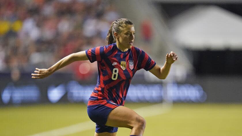 U.S. defender Sofia Huerta plays against Colombia during the second half of an international friendly soccer match Tuesday, June 28, 2022, in Sandy, Utah. (AP Photo/Rick Bowmer)